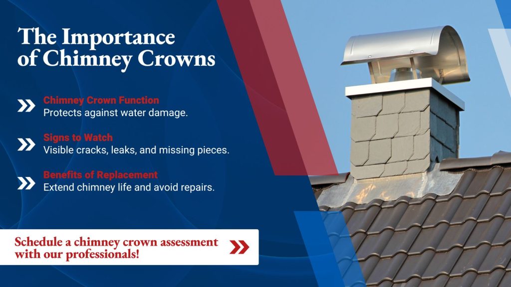 This is an image of a chimney crown on a house. The headline reads; The importance of chimney crowns.